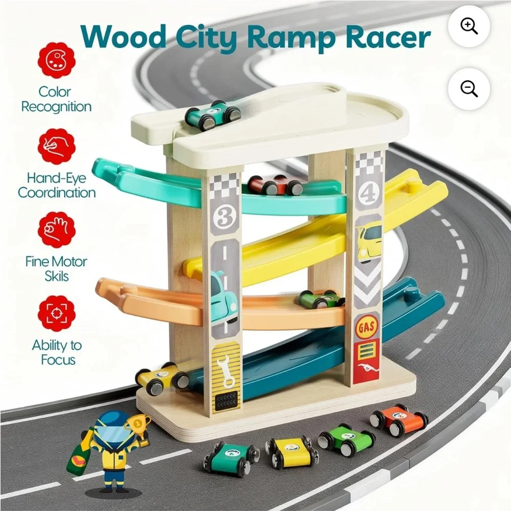 Toddler Montessori Style Wooden RaceTrack Car Ramp Toy w/ 4 Mini Cars